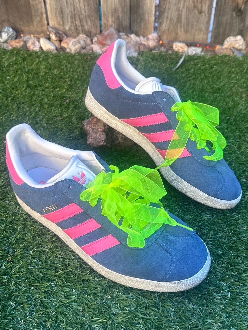 adidas gazelle Navy Suede Sneakers with Pink Stripes and Neon Green Laces
